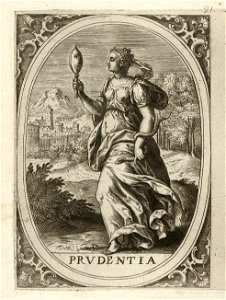 Prudentia, de voorzichtigheid - verstandigheid - wijsheid een vrouw staand in een ovaal, in een landschap. In haar rechterhand houd zij een spiegel vast om haar linkerarm een slang, die zi, NL-HlmNHA 1477 53008351
