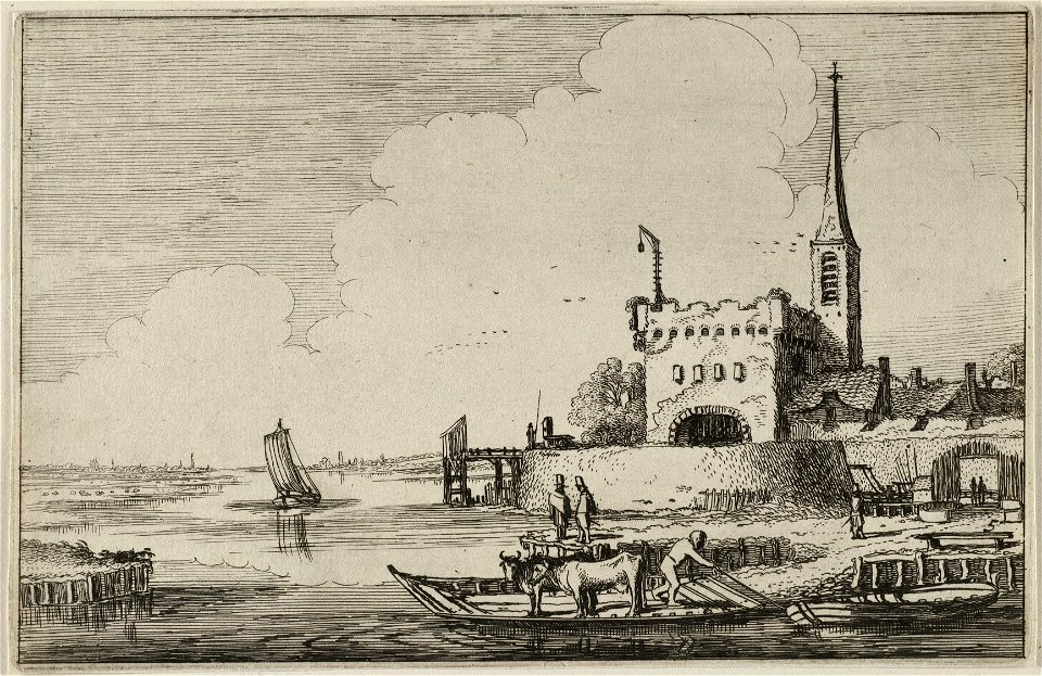 Pont met vee bij een fort in een rivierlandschap. NL-HlmNHA 53012217