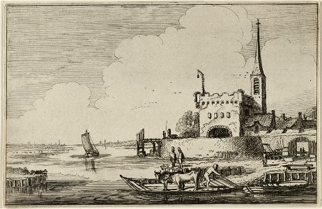 Pont met vee bij een fort in een rivierlandschap. NL-HlmNHA 53012217