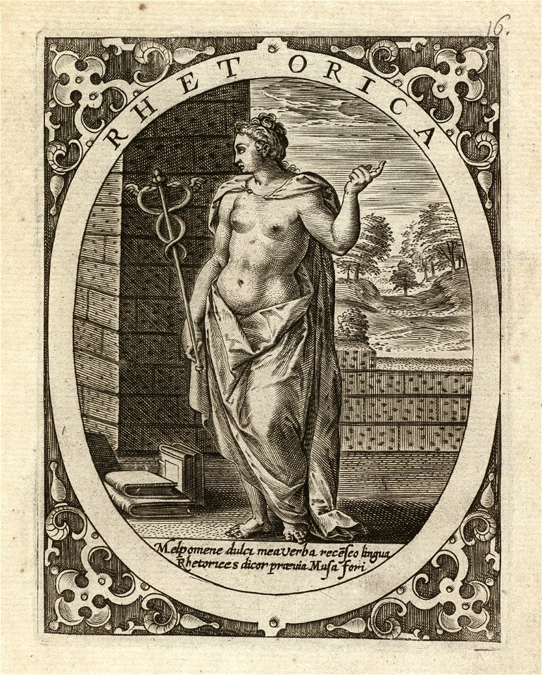 Retorica, welsprekendheid een vrouw staand in een landschap, in een ovaal. In haar hand de caduceus of Mercuriusstaf. Met haar andere hand maakt zij een spreekgebaar. In de hoeken rolwerk o, NL-HlmNHA 1477 53008346