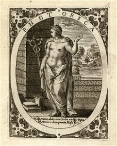 Retorica, welsprekendheid een vrouw staand in een landschap, in een ovaal. In haar hand de caduceus of Mercuriusstaf. Met haar andere hand maakt zij een spreekgebaar. In de hoeken rolwerk o, NL-HlmNHA 1477 53008346