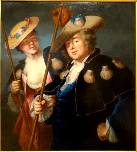 Portrait of a couple with pilgrim cloaks, school of Alexis Grimou, oil on canvas - Villa Vauban - Luxembourg City - DSC06455. Free illustration for personal and commercial use.