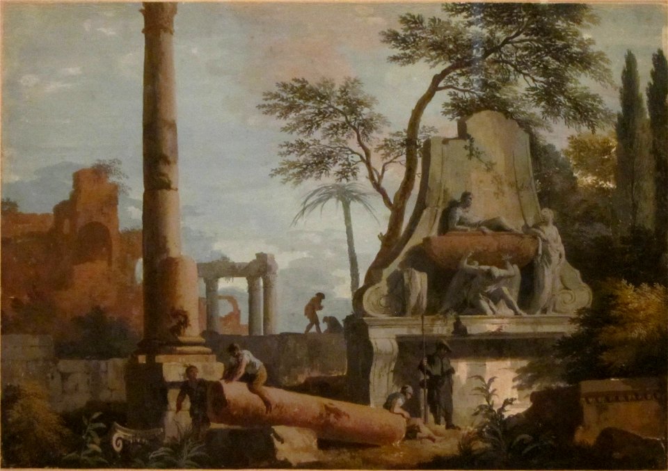 'Fantastic Scene with Ruins' by Marco Ricci, gouache on kidskin, 1728, HMA