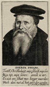 Portret van de doopsgezinde Dirk Philips, met vierregelig gedicht in het Nederlands. NL-HlmNHA 53012625