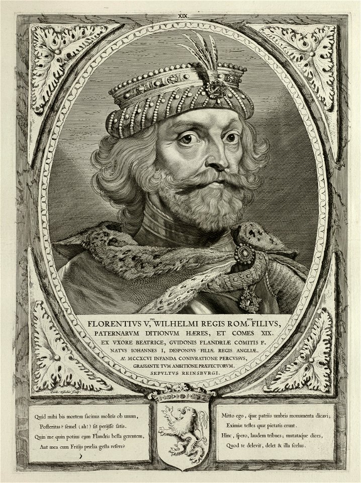 Portret van Floris V, graaf van Holland en Zeeland, met een met veren, edelstenen en parels verfraaide hoofddeksel. De omlijsting is versierd met het wapen van Holland. NL-HlmNHA 1477 53012912
