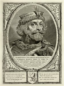 Portret van Floris V, graaf van Holland en Zeeland, met een met veren, edelstenen en parels verfraaide hoofddeksel. De omlijsting is versierd met het wapen van Holland. NL-HlmNHA 1477 53012912