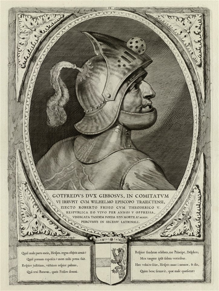 Portret van Godfried III met de Bult, hertog van Neder-Lotharingen. Hij draagt een helm en is in profiel afgebeeld. De omlijsting is versierd met het wapen van Holland. NL-HlmNHA 1477 53012902