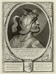 Portret van Godfried III met de Bult, hertog van Neder-Lotharingen. Hij draagt een helm en is in profiel afgebeeld. De omlijsting is versierd met het wapen van Holland. NL-HlmNHA 1477 53012902