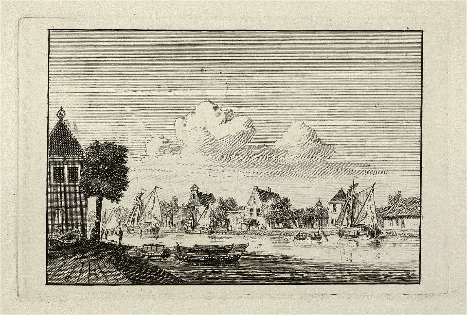 Riviergezicht met huisjes, zeilbootjes en speeljacht. NL-HlmNHA 1477 53011959