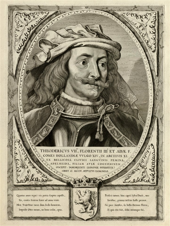 Portret van Dirk VII, graaf van Holland. Hij draagt een hoofddeksel en heeft een snor. De omlijsting is versierd met het wapen van Holland. NL-HlmNHA 1477 53012907