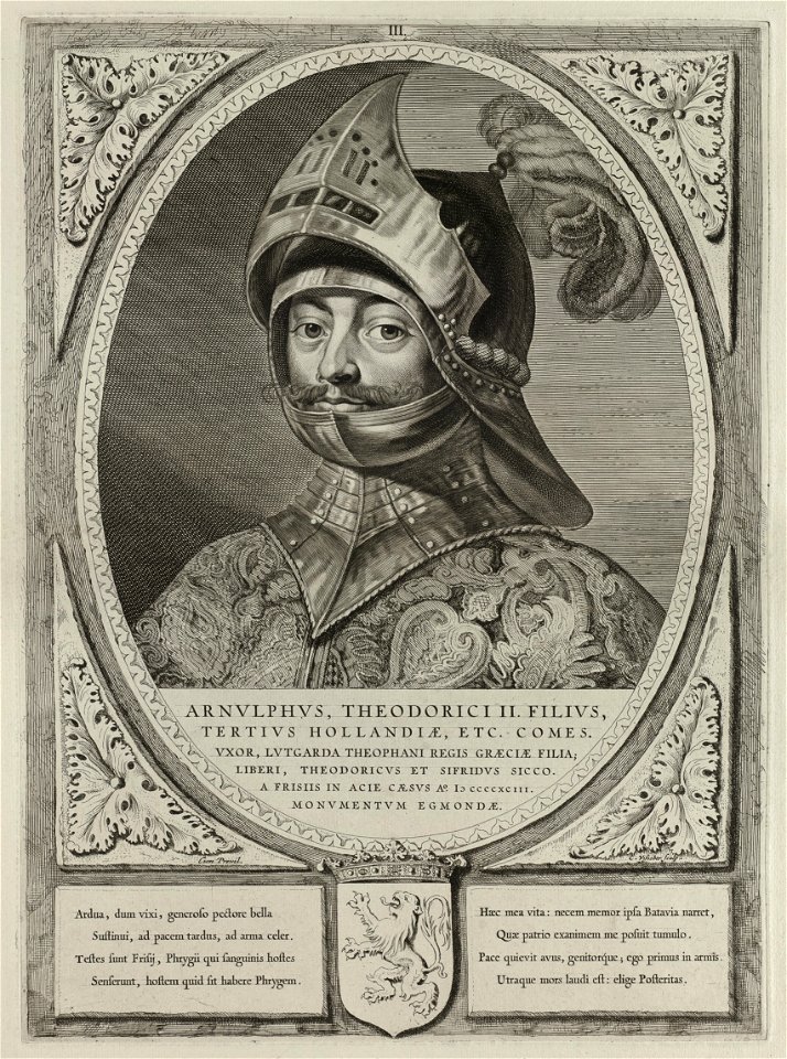 Portret van Arnulf, graaf van Holland, in een harnas. g is versierd met het wapen van Holland. NL-HlmNHA 1477 53012896