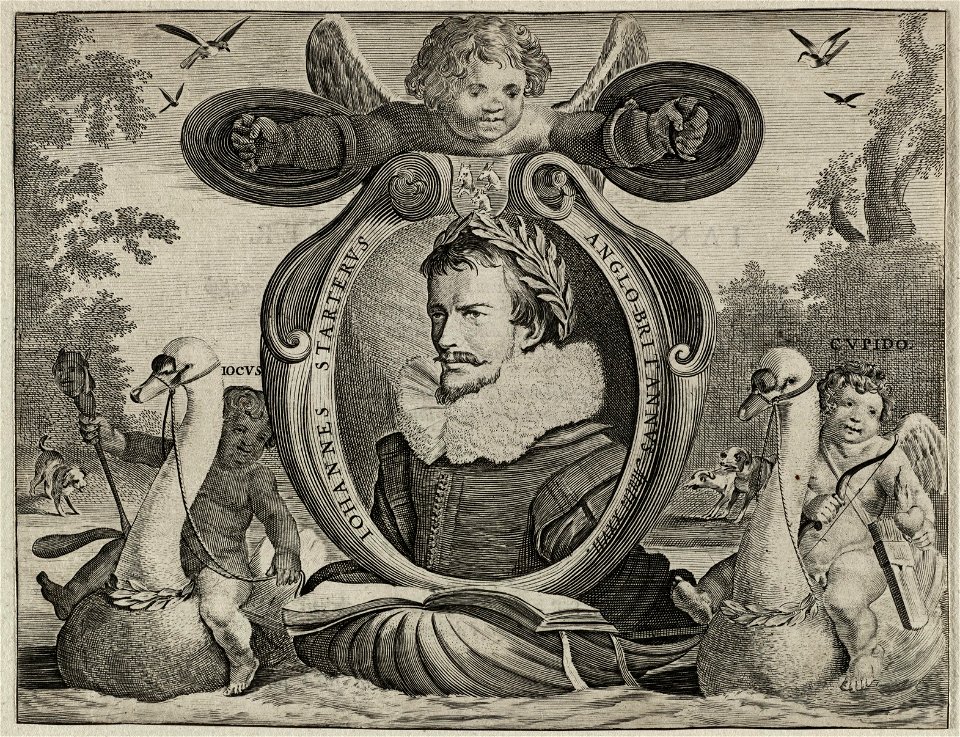 Portret van de schrijver en uitgever Jan Jansz Starter, 27 jaar oud, in een ovaal, dat wordt voortgetrokken op een meer op een schelp door twee putti op zwanen. Op de achtergrond aan de wate, NL-HlmNHA 53012630