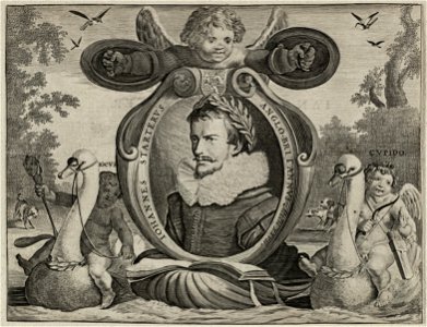 Portret van de schrijver en uitgever Jan Jansz Starter, 27 jaar oud, in een ovaal, dat wordt voortgetrokken op een meer op een schelp door twee putti op zwanen. Op de achtergrond aan de wate, NL-HlmNHA 53012630