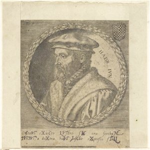 Portret van Hadrianus Junius met baret, naar rechts in een medaillon. Om het medaillon een lauwerkrans. Rechtsboven het familiewapen. NL-HlmNHA 53008315