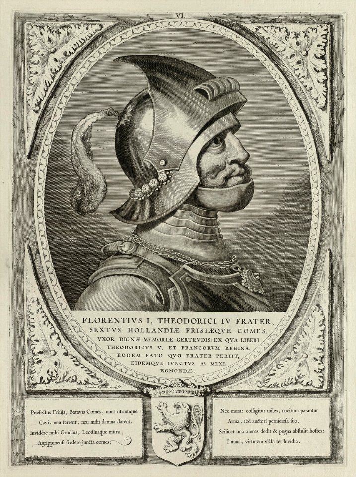 Portret van Floris I, graaf van Holland, in een harnas. Hij draagt een helm. De omlijsting is versierd met het wapen van Holland. NL-HlmNHA 1477 53012899