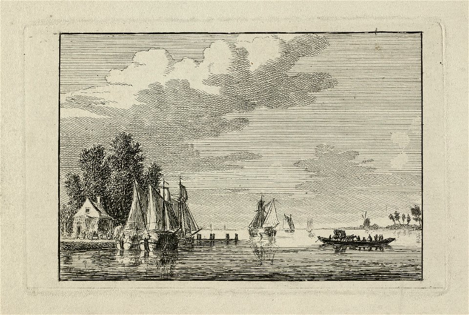 Riviergezicht met zeilbootjes, vrachtscheepjes en veerpont. NL-HlmNHA 1477 53011960
