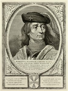 Portret van Robrecht I de Fries, graaf van Vlaanderen, tweede echtgenoot van Geertruid van Saksen. Hij draagt een hoofddeksel met een veer. De omlijsting is versierd met het wapen van Hollan, NL-HlmNHA 1477 53012901