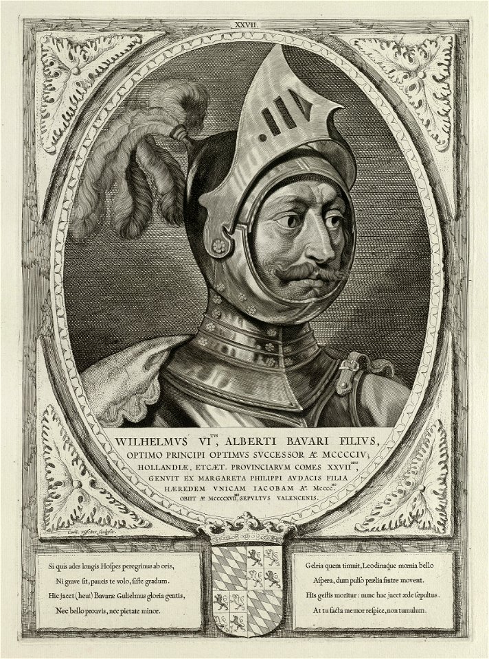 Portret van AWillem VI van Henegouwen, Holland en Zeeland. Hij draagt een harnas en een helm met pluimen. De omlijsting is versierd met het wapen van Holland. NL-HlmNHA 1477 53012920