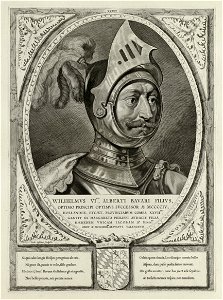 Portret van AWillem VI van Henegouwen, Holland en Zeeland. Hij draagt een harnas en een helm met pluimen. De omlijsting is versierd met het wapen van Holland. NL-HlmNHA 1477 53012920