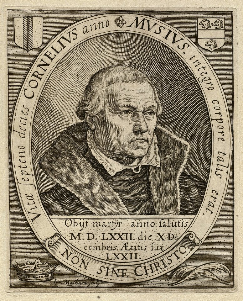 Portret van Cornelis Musius (1500-1572) theoloog, priester en dichter van stichtelijke poëzie in Delft. NL-HlmNHA 1477 53010835