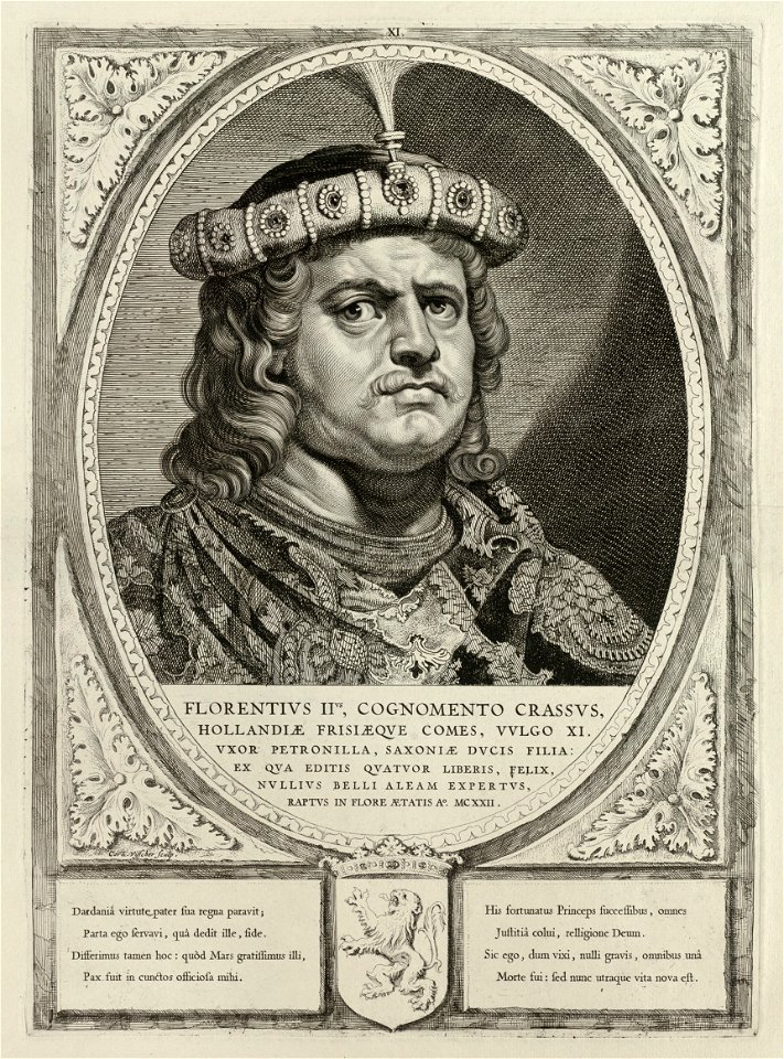 Portret van Floris II, graaf van Holland, met een met parels en edelstenen verfraaide hoofddeksel. De omlijsting is versierd met het wapen van Holland. NL-HlmNHA 1477 53012904