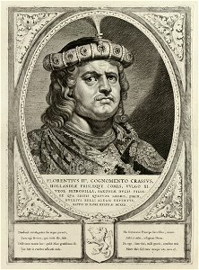 Portret van Floris II, graaf van Holland, met een met parels en edelstenen verfraaide hoofddeksel. De omlijsting is versierd met het wapen van Holland. NL-HlmNHA 1477 53012904