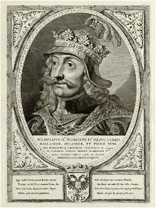 Portret van Willem II, graaf van Holland en rooms-koning. Hij draagt een harnas en een mantel en heeft op het hoofd een helm met een kroon. De omlijsting is versierd met het wapen van Hollan, NL-HlmNHA 1477 53012911
