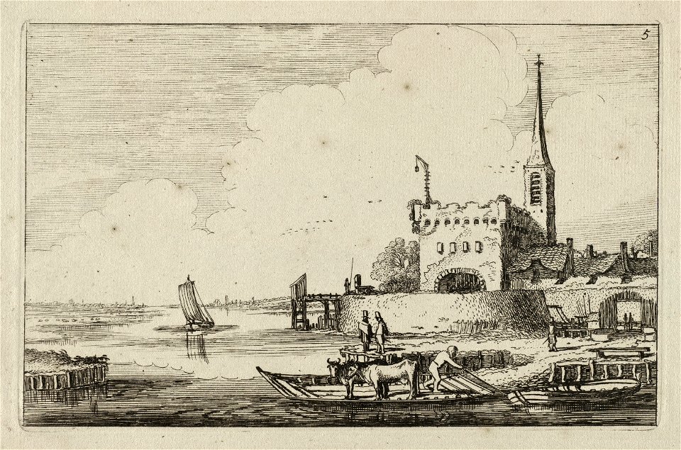 Pont met vee bij een fort in een weids rivierlandschap. NL-HlmNHA 53012475