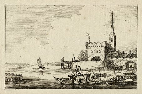 Pont met vee bij een fort in een weids rivierlandschap. NL-HlmNHA 53012475
