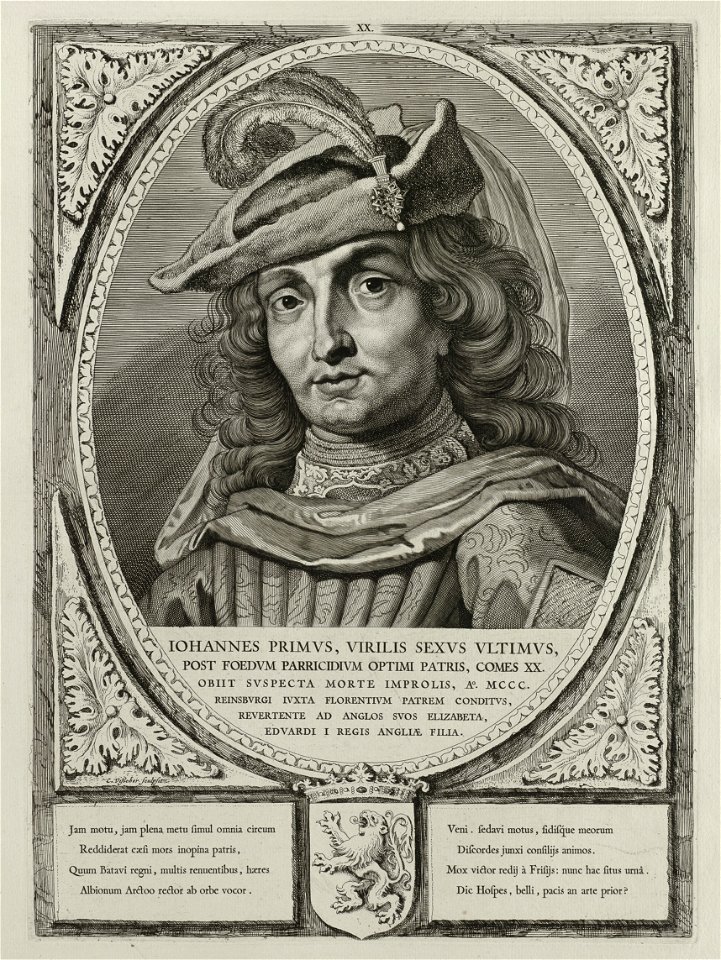 Portret van Jan I, graaf van Holland, met een hoofddeksel met een pluim. De omlijsting is versierd met het wapen van Holland. NL-HlmNHA 1477 53012913