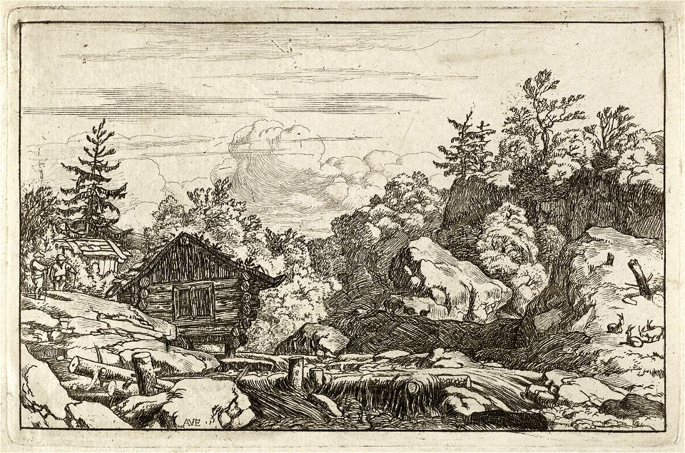 Rotsachtig landschap met bomen, struikgewas en een kleine waterval. Op de rots naast de houten hut staan twee personen. NL-HlmNHA 1477 53007967 K