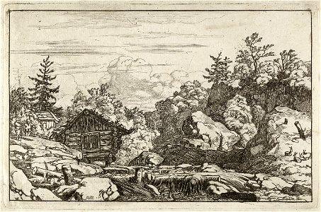 Rotsachtig landschap met bomen, struikgewas en een kleine waterval. Op de rots naast de houten hut staan twee personen. NL-HlmNHA 1477 53007967 K