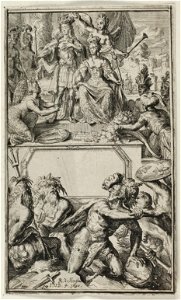 Proefdruk of ontwerp voor onbekende titelprent, zonder boektitel, met afbeelding van Willem III en Maria Stuart die door de Faam worden gelauwerd. NL-HlmNHA 53008790