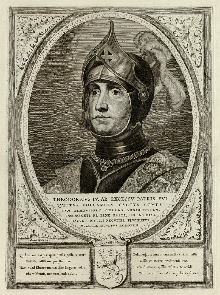 Portret van Dirk IV, graaf van Holland, in een harnas. Hij draagt een helm. De omlijsting is versierd met het wapen van Holland. NL-HlmNHA 1477 53012898