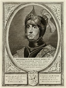 Portret van Dirk IV, graaf van Holland, in een harnas. Hij draagt een helm. De omlijsting is versierd met het wapen van Holland. NL-HlmNHA 1477 53012898