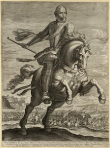 Ruiterportret van Maurits. Op de achtergrond de Slag bij Turnhout, 1597. In de ondermarge zijn naam. NL-HlmNHA 1477 53011492