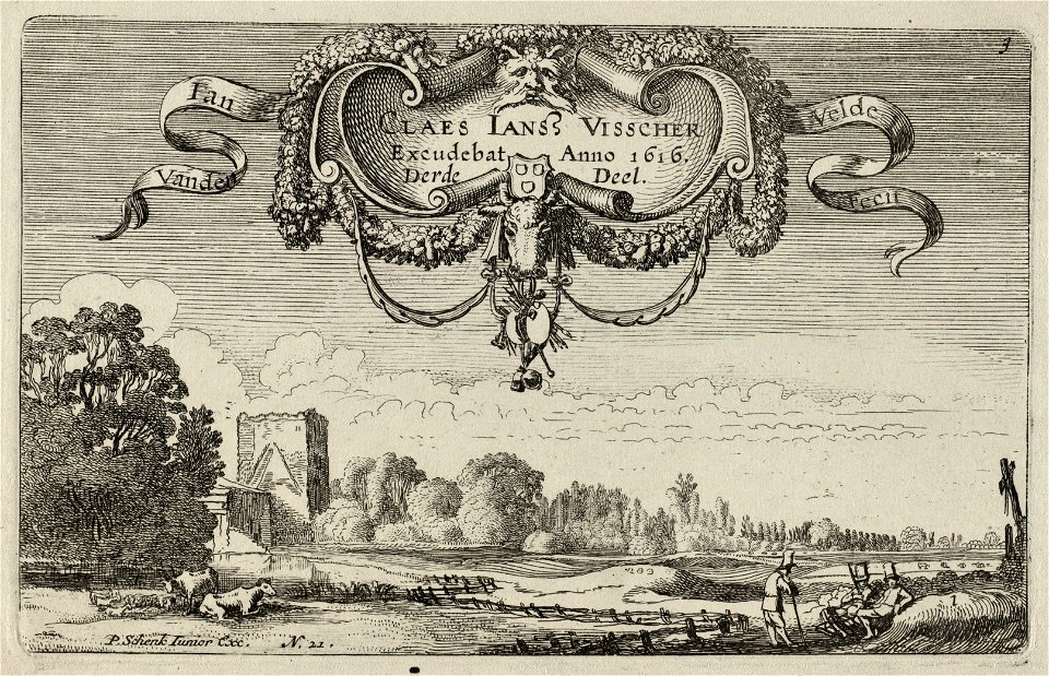 Rustende figuren in een landschap met koeien en een toren, NL-HlmNHA 53012433
