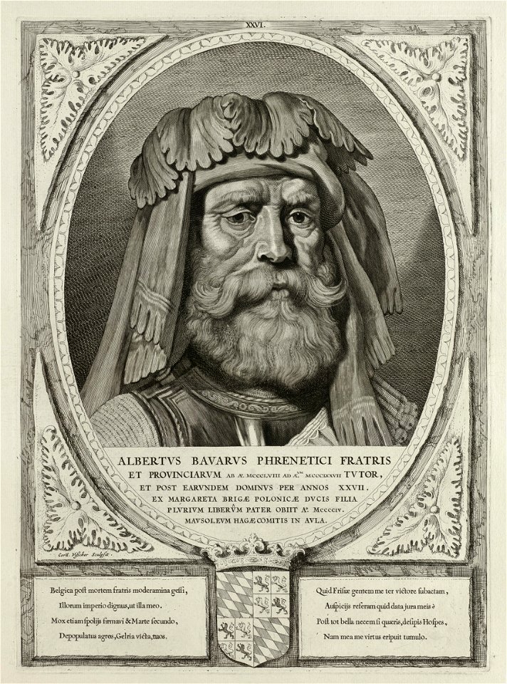 Portret van Albrecht van Beieren, graaf van Holland en Henegouwen. Hij draagt een harnas en een hoofdtooi. De omlijsting is versierd met het wapen van Holland. NL-HlmNHA 1477 53012919