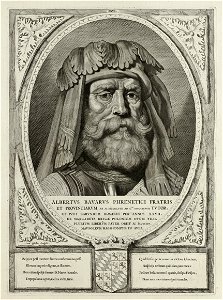 Portret van Albrecht van Beieren, graaf van Holland en Henegouwen. Hij draagt een harnas en een hoofdtooi. De omlijsting is versierd met het wapen van Holland. NL-HlmNHA 1477 53012919
