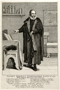Portret ten voeten uit van Jacobus Arminius, in het interieur van een studeerkamer. NL-HlmNHA 1477 53008666