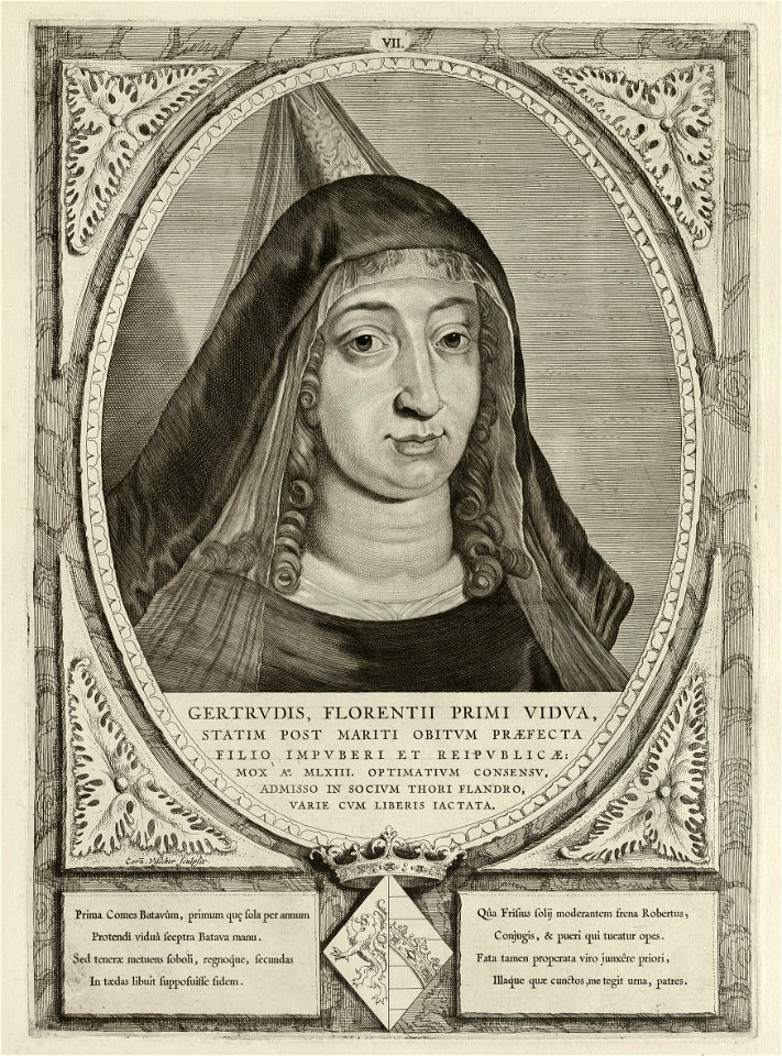 Portret van Geertruida van Saksen, gravin van Holland. Zij was regentes gedurende de minderjarigheid van Dirk V. De omlijsting is versierd met het wapen van Holland. NL-HlmNHA 1477 53012900