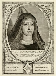 Portret van Geertruida van Saksen, gravin van Holland. Zij was regentes gedurende de minderjarigheid van Dirk V. De omlijsting is versierd met het wapen van Holland. NL-HlmNHA 1477 53012900