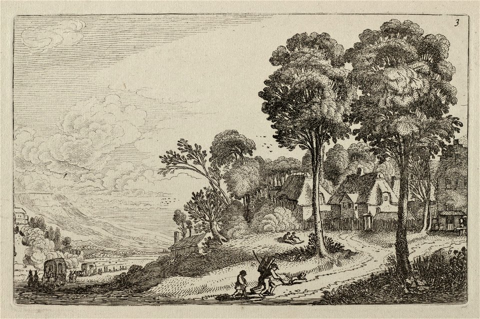 Reizigers op een pad bij een dorp in een bergachtig landschap. NL-HlmNHA 53012442