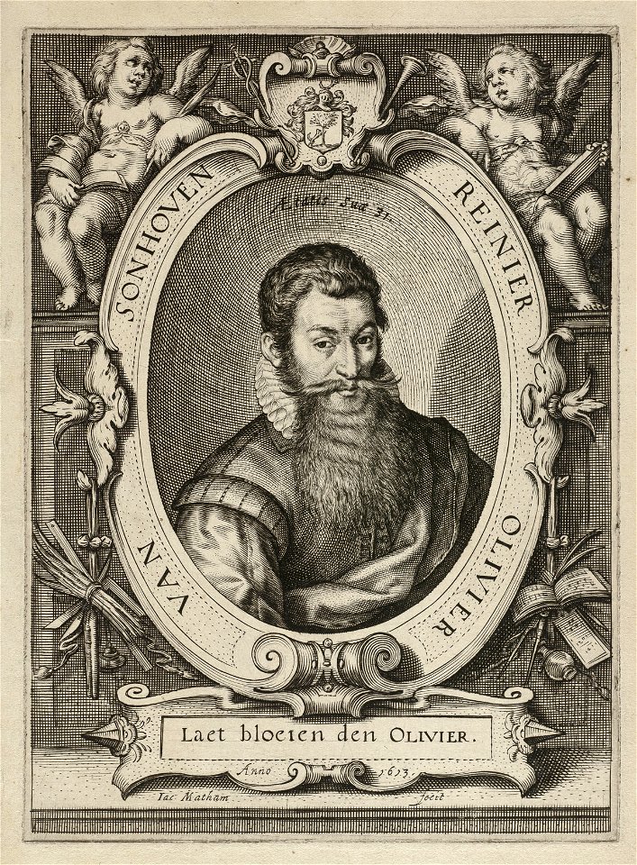 Portret van de letterkundige Reinier Olivier van Zonhoven Sonhoven op 31 jarige leeftijd. Bovenaan de ovale omlijsting zijn wapen tussen twee putti, onderaan een cartouche met zijn motto e, NL-HlmNHA 1477 53010840