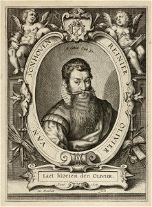 Portret van de letterkundige Reinier Olivier van Zonhoven Sonhoven op 31 jarige leeftijd. Bovenaan de ovale omlijsting zijn wapen tussen twee putti, onderaan een cartouche met zijn motto e, NL-HlmNHA 1477 53010840