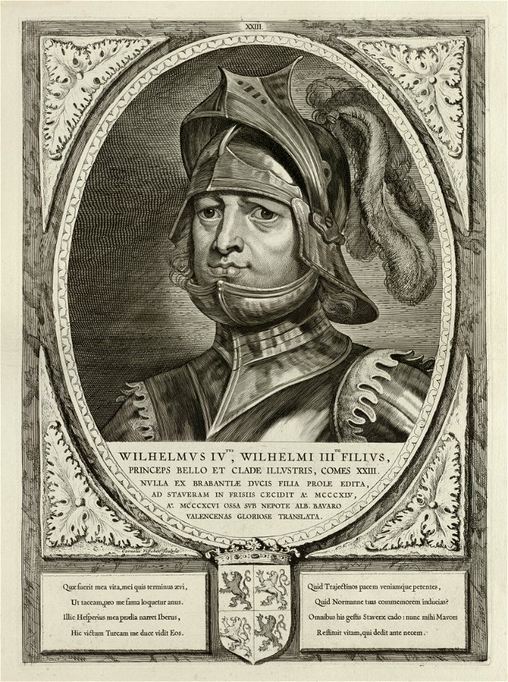 Portret van Willem IV, graaf van Holland en Henegouwen met een helm en een harnas. De omlijsting is versierd met het wapen van Holland. NL-HlmNHA 1477 53012916