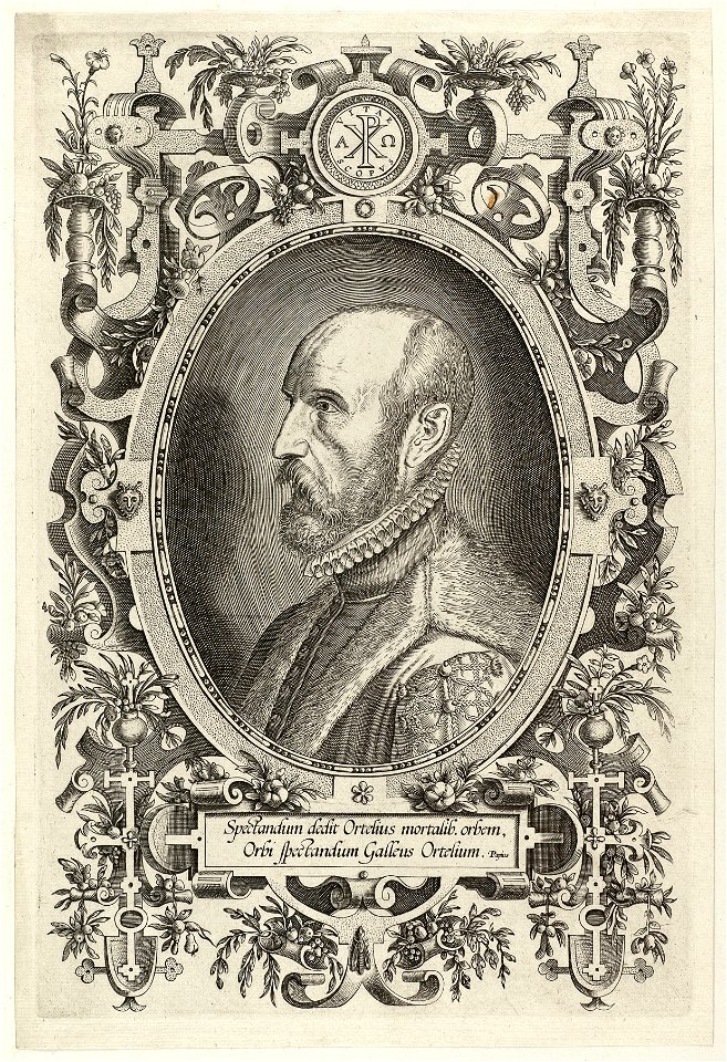 Portret van Abraham Ortelius in een ornamentele rolwerkcartouche. NL-HlmNHA 1477 53008319