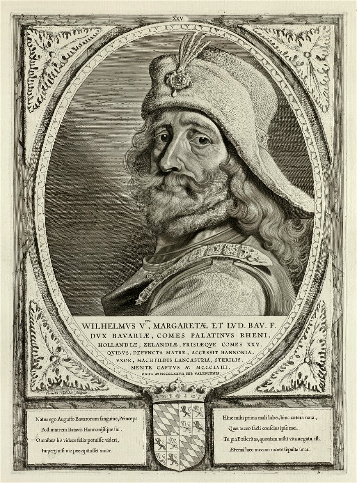 Portret van Willem V van Holland, graaf van Holland en Zeeland. Hij draagt een hoed versierd met veren en edelstenen. De omlijsting is versierd met het wapen van Holland. NL-HlmNHA 1477 53012918