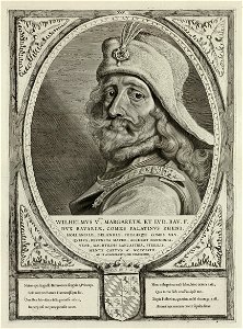 Portret van Willem V van Holland, graaf van Holland en Zeeland. Hij draagt een hoed versierd met veren en edelstenen. De omlijsting is versierd met het wapen van Holland. NL-HlmNHA 1477 53012918