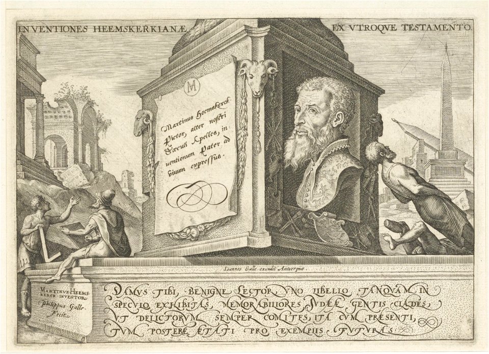 Portret van Maarten van Heemskerck op de sokkel van een zuil. NL-HlmNHA 53008184